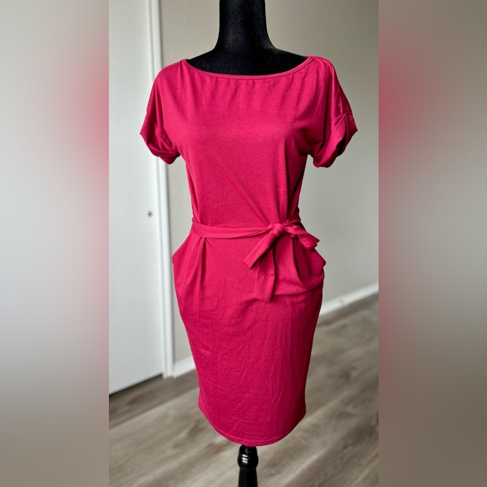 Chic Red Midi Dress with Belt